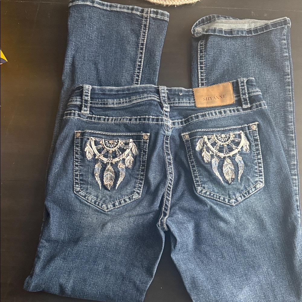 Shyanne Women's Dark Blue Boot Cut Jeans with White Embroidery